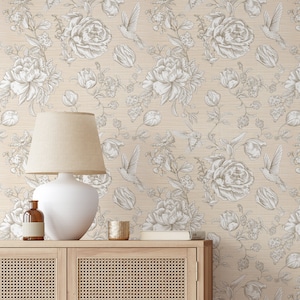 Flowers & Birds Beige - Vintage Style Roses Decor - Brown Sketch Art Retro Wall Mural - Faux Grasscloth Traditional Wallpaper CG009