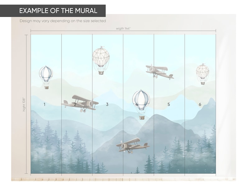 Hot Air Balloons Nursery Wall Mural - Airplanes Blue Mountain Forest ...