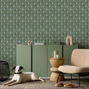 Removable emerald geometric wallpaper with gold lines, Art Deco style.
