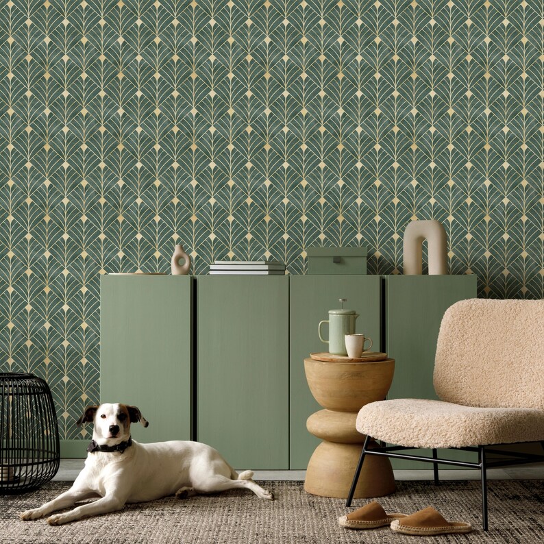 Removable emerald geometric wallpaper with gold lines, Art Deco style.