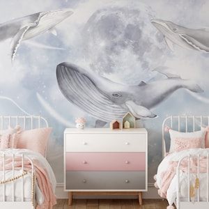 Nursery Room Removable Wall Mural Wallpaper - Space Whale Peel and Stick Wall Decal - Self Adhesive Ocean Temporary - Kids Baby Decor CCM093