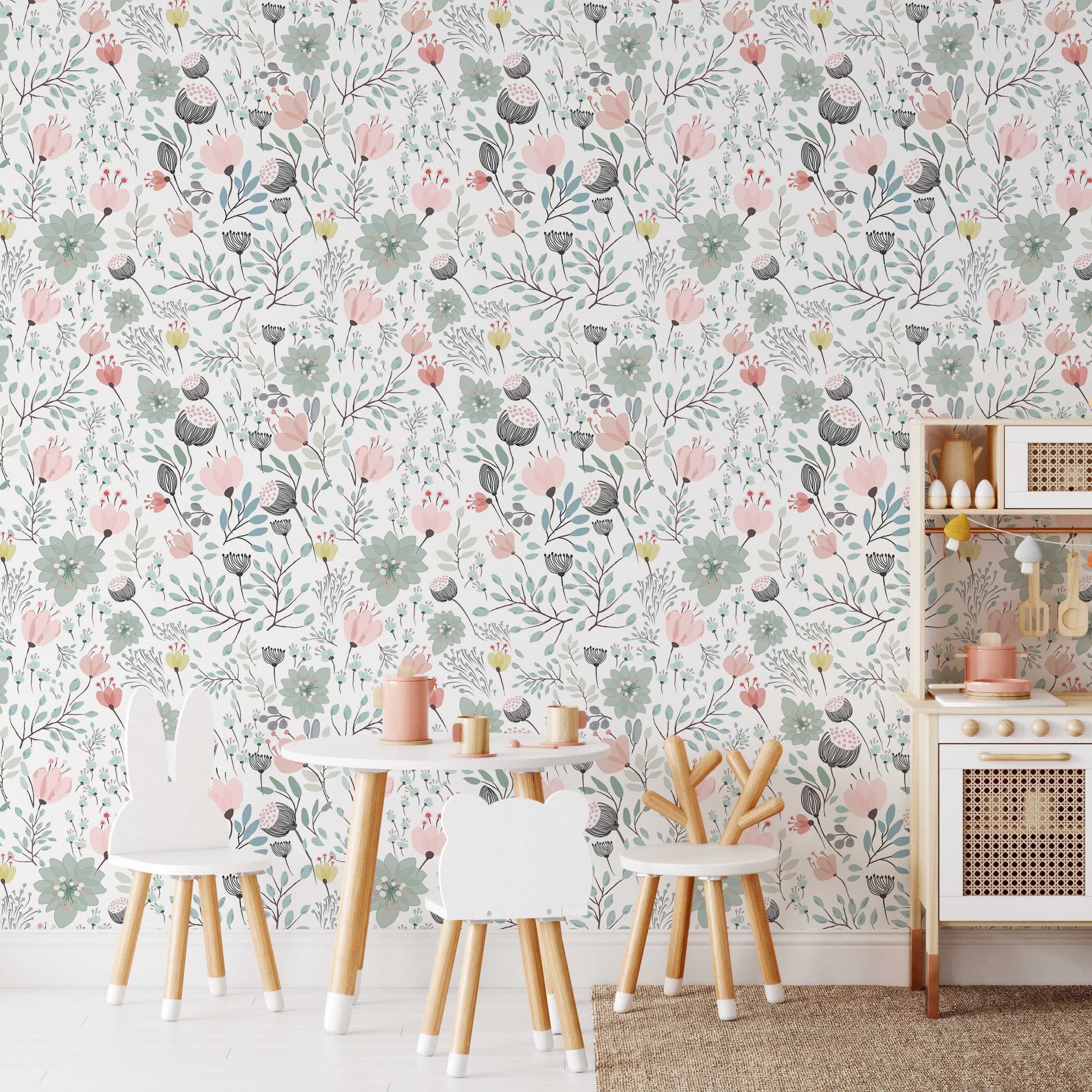 Boho Garden Flowers Peel and Stick Wallpaper - Blue Green Floral Wall Decal Print - Botanical Self Adhesive Wall Mural Decor CC270