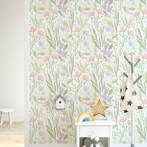 Neutral Flowers Peel and Stick Wallpaper - Removable Botanical Decor - Peel and Stick Pink Blue Purple Floral Decal - Temporary Fabric CC245