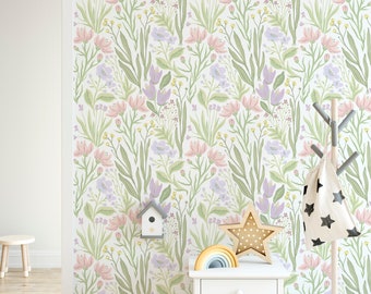 Neytral Flowers Peel and Stick Wallpaper - Removable Botanical Decor - Peel and Stick Pink Blue Purple Floral Decal - Temporary Fabric CC245