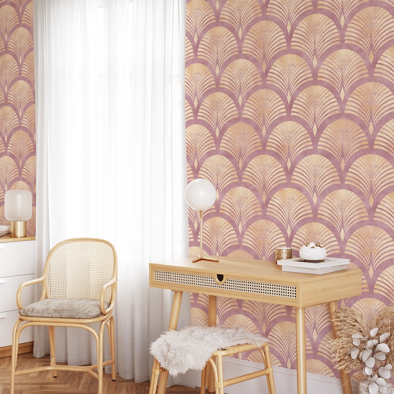 Pink Gold Effect Art Deco Self Adhesive Scallops Wallpaper Removable
