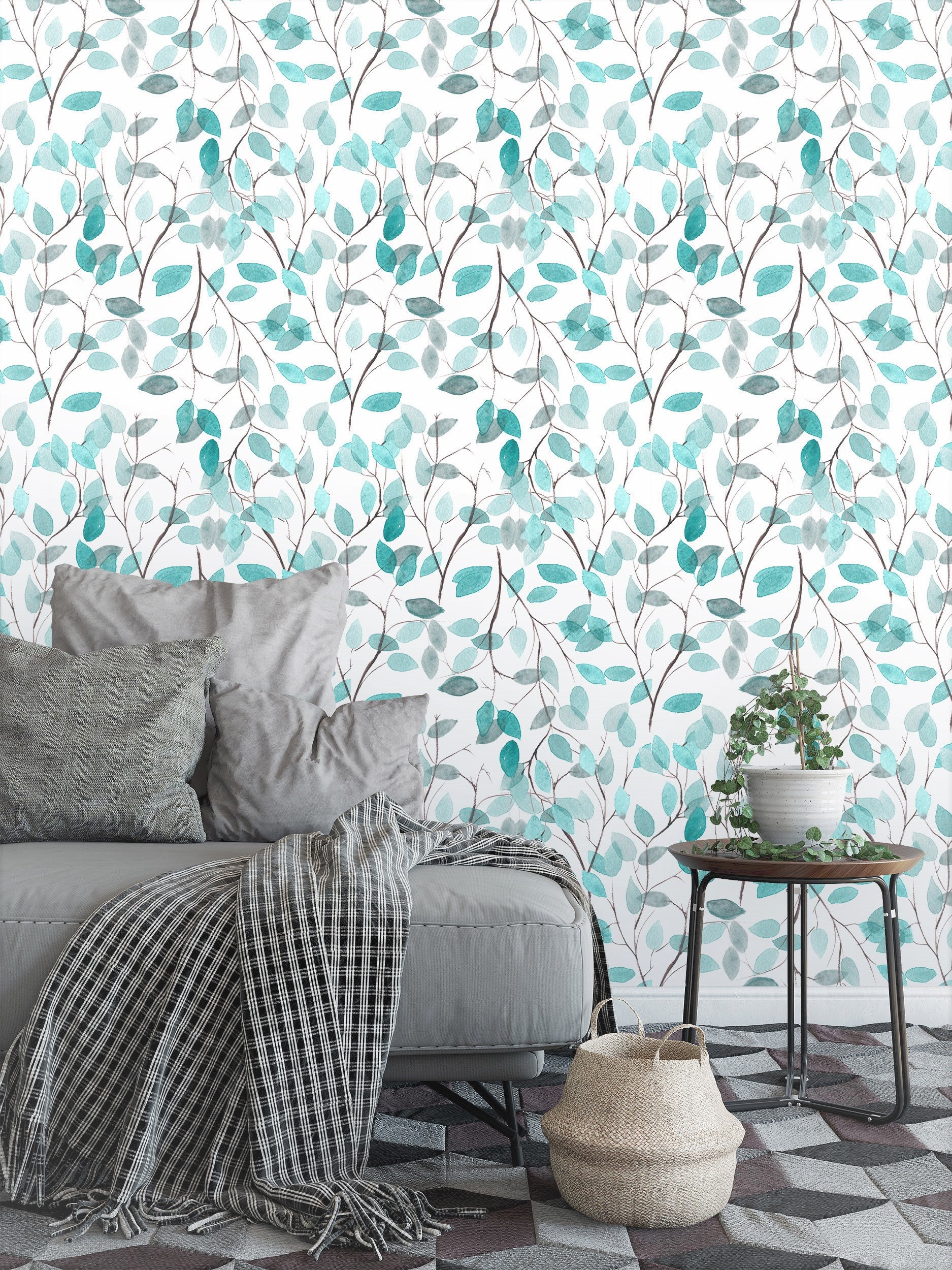 Blue Leaves Removable Wallpaper Botanical Peel and Stick Etsy