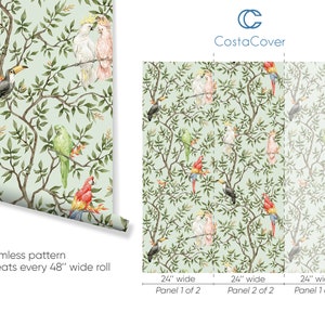 May include: Wallpaper featuring a seamless pattern of colorful parrots, toucans, and cockatoos perched on tree branches with green leaves. The design repeats every 48-inch wide roll. The text "CostaCover" is in the upper right corner.