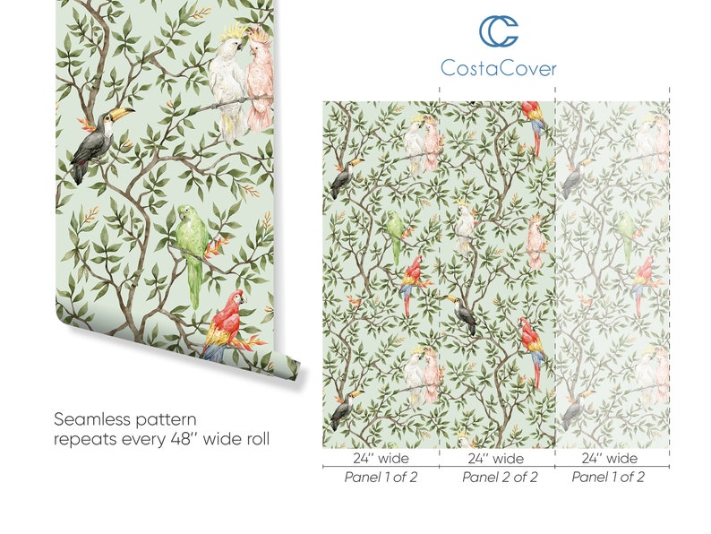 May include: Wallpaper featuring a seamless pattern of colorful parrots, toucans, and cockatoos perched on tree branches with green leaves. The design repeats every 48-inch wide roll. The text "CostaCover" is in the upper right corner.