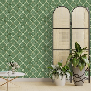 Bright Green Gold Effect Art Deco Peel and Stick Wallpaper - Removable Luxury Wall Decal - Vintage Print Self Adhesive Wall Mural CC328