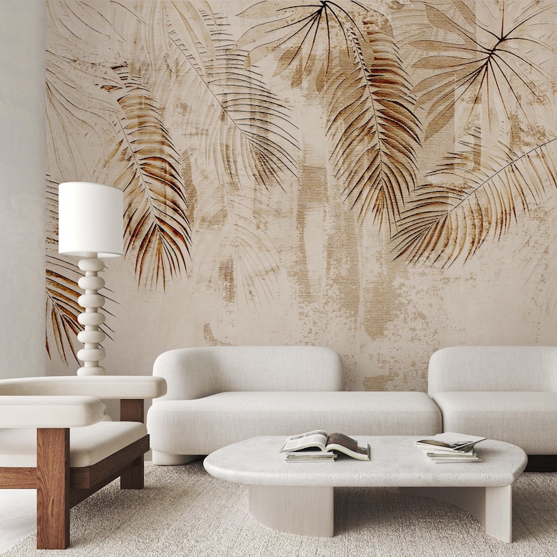 Beige Banana Leaves Wall Mural - Abstract Palm Leaf Tropical Removable ...