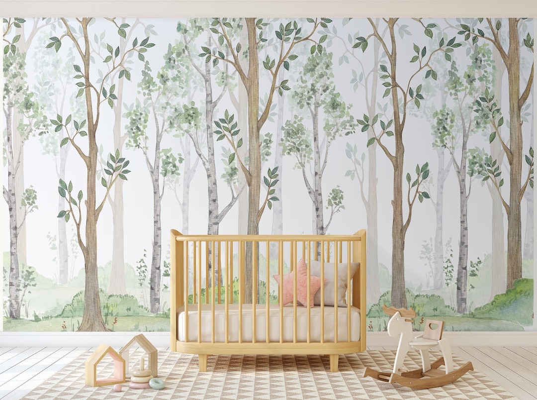 woodland-forest-nursery-wall-mural-watercolor-fairy-trees-birch-peel