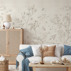 Beige Vintage Garden - Neutral Botanical Pattern - Flowers Retro Wallpaper - Faux Grasscloth Traditional Wall Mural CG007