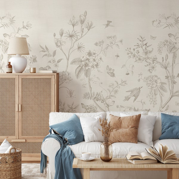 Vintage Garden - Neutral Botanical Pattern - Flowers Retro Wallpaper - Faux Grasscloth Traditional Wall Mural CG007