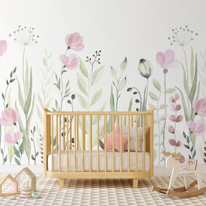 Watercolor Pink Flowers Removable Mural - Wildflowers Peel and Stick Kids Nursery Wall Decal - Self Adhesive Wallpaper CCM132