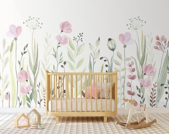 Watercolor Pink Flowers Removable Mural - Wildflowers Peel and Stick Kids Nursery Wall Decal - Self Adhesive Wallpaper CCM132