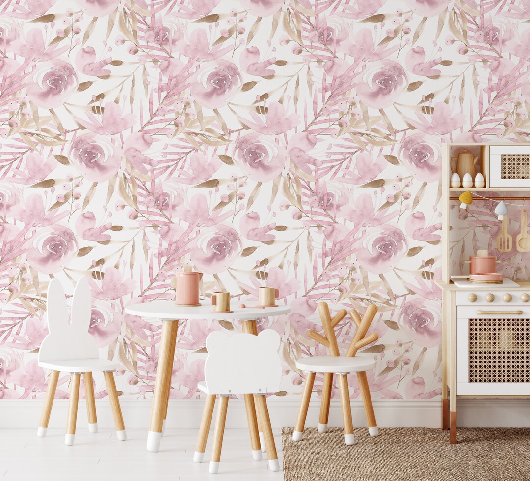Watercolor Blush Pink Flowers Peel and Stick Wallpaper - Pastel Floral ...