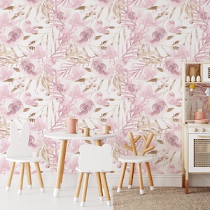 Watercolor Blush Pink Flowers Peel and Stick Wallpaper - Pastel Floral Wall Decal Print - Botanical Self Adhesive Wall Mural CC269