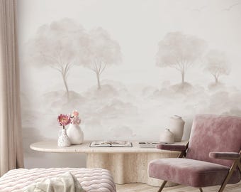 Neutral Watercolor Landscape Wall Mural - Light Beige Tree Nursery Bedroom Decor Peel and Stick Wallpaper CCM220