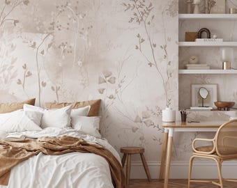 Neutral Botanical Wall Mural - Beige Wildflower Nursery Bedroom Peel and Stick Wallpaper CCM218