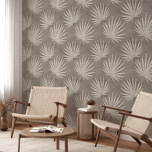 Beige Palm Leaves - Neutral Tropical Style - Jungle Retro Vintage Wall Mural - Faux Grasscloth Traditional Wallpaper CG012