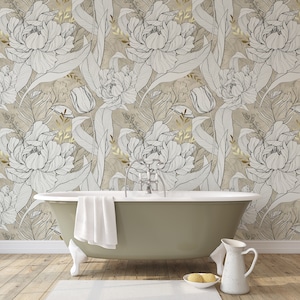 Beige Black Peony Tulip Flower Peel and Stick Wall Mural - Removable Floral Sketch Art Decal - Botanical Self Adhesive Wallpaper CCM158