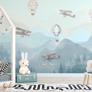 Nursery Kids Wall Mural Wallpaper - Airplane Mountains Peel and Stick Blue Wallpaper - Self Adhesive Air Balloons Baby Wall Decal CCM088