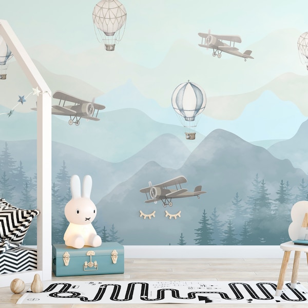Nursery Kids Wall Mural Wallpaper - Airplane Mountains Peel and Stick Blue Wallpaper - Self Adhesive Air Balloons Baby Wall Decal CCM088