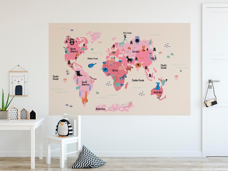 kids world map removable wall decal sticker self adhesive wall | etsy