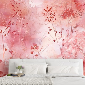 Red Pink Floral Watercolor Self Adhesive Wall Mural - Abstract Flowers Leaves Removable Wallpaper - Botanical Peel & Stick Wall Decal CCM148