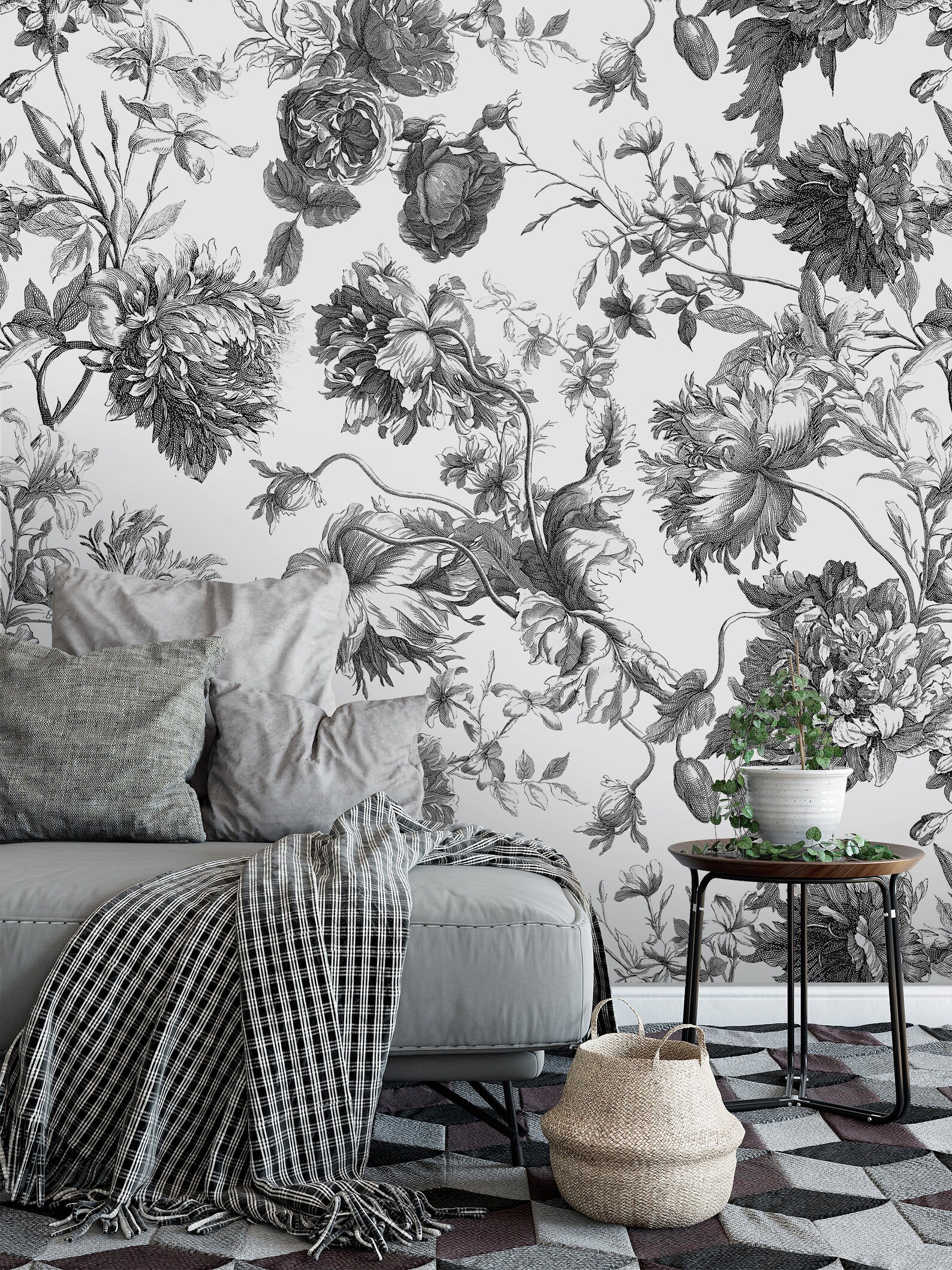 French Toile Peel and Stick Wallpaper Black and White Flower - Etsy