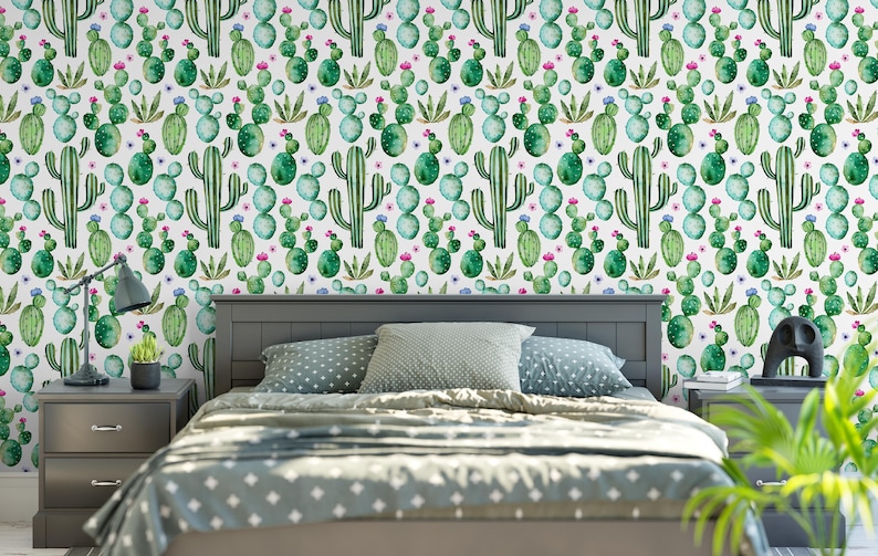 Watercolor Hand Drawn Cacti Kids Wall Mural CC209 Self Adhesive Removable Floral Wallpaper Green Cactus with Purple Flowers