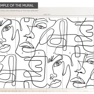 Black and white abstract faces wallpaper mural in a single line art style. Stylish backdrop for a cozy reading nook, sofa wall, open plan living room or studio, adding an artistic gallery like feel and modern character to the space.