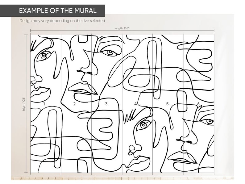 Black and white abstract faces wallpaper mural in a single line art style. Stylish backdrop for a cozy reading nook, sofa wall, open plan living room or studio, adding an artistic gallery like feel and modern character to the space.