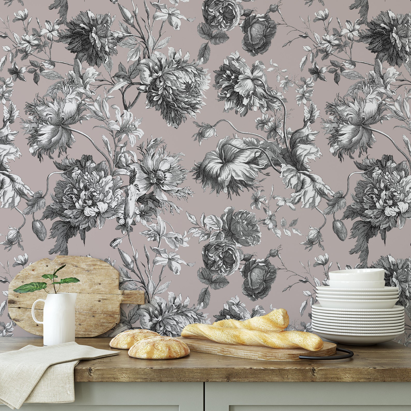 French Toile Peel and Stick Wallpaper Pink Flower Provence - Etsy