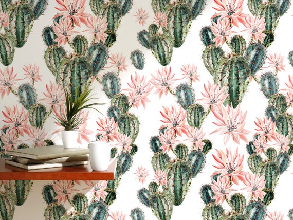 Cactus Temporary Wallpaper Floral Removable Peel And Stick Etsy