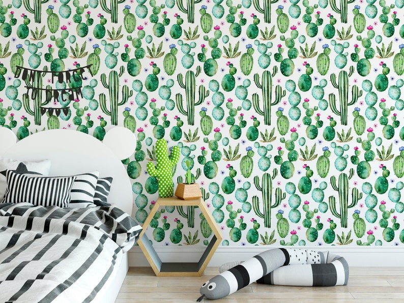 Watercolor Hand Drawn Cacti Kids Wall Mural CC209 Self Adhesive Removable Floral Wallpaper Green Cactus with Purple Flowers