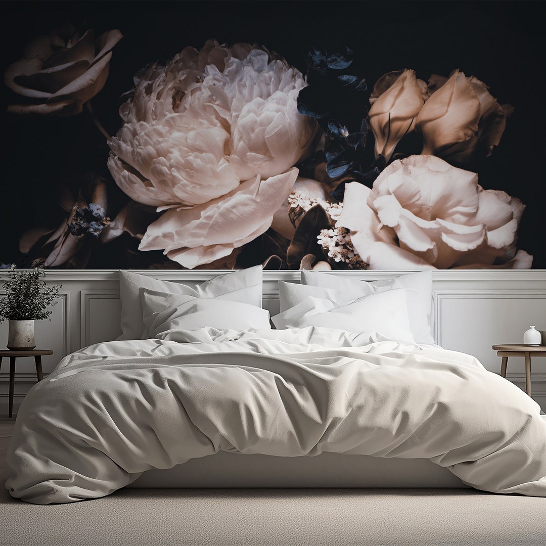 Dark Floral Wall Mural – Peony Roses Black Botanical Flowers Peel and ...