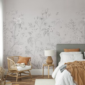 Gray Vintage Garden - Neutral Botanical Pattern - Flowers Retro Wallpaper - Faux Grasscloth Traditional Wall Mural CG005