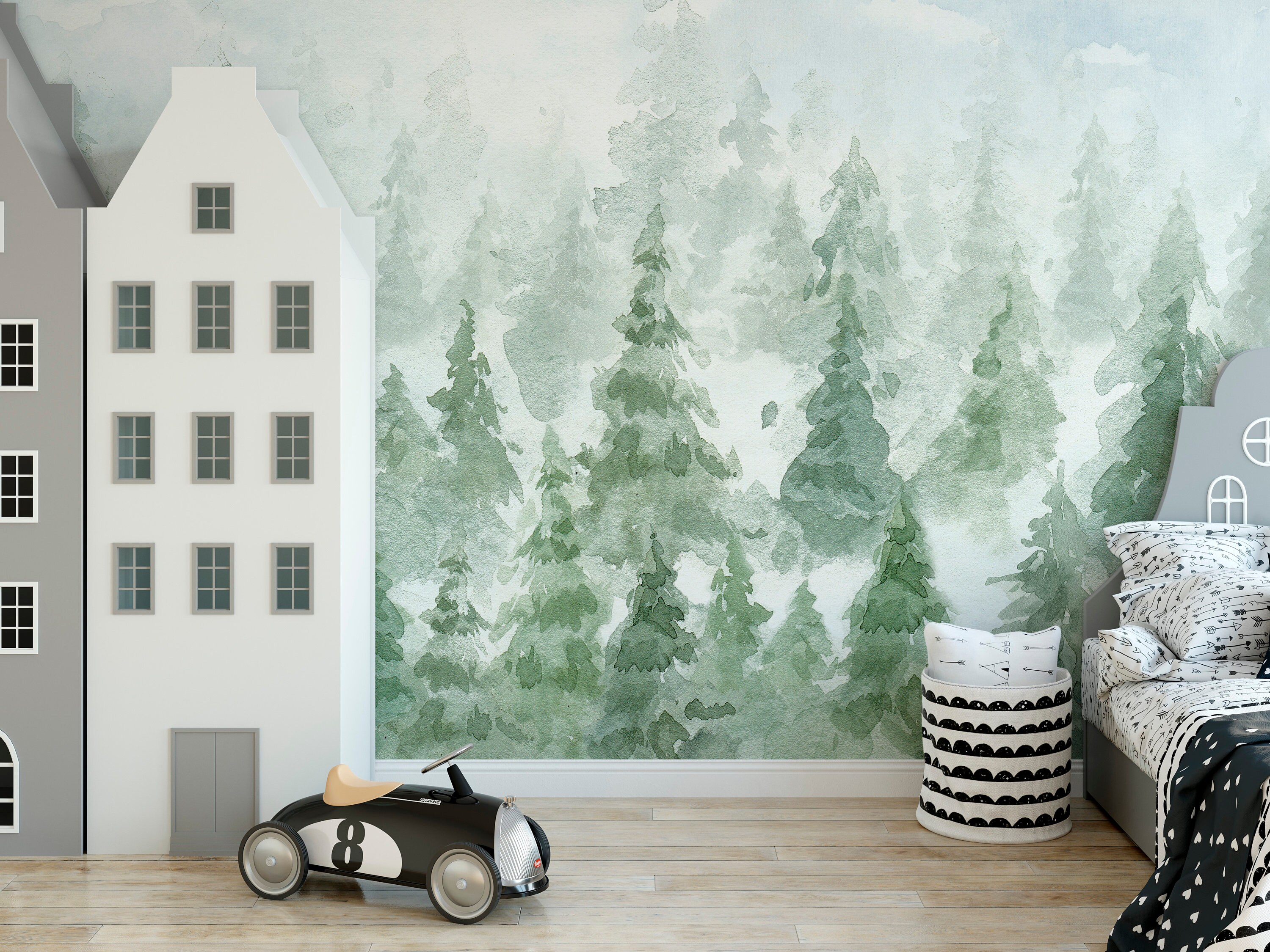 Woodland Nursery Watercolor Wall Mural - Fairy Pine Tree Forest Peel ...