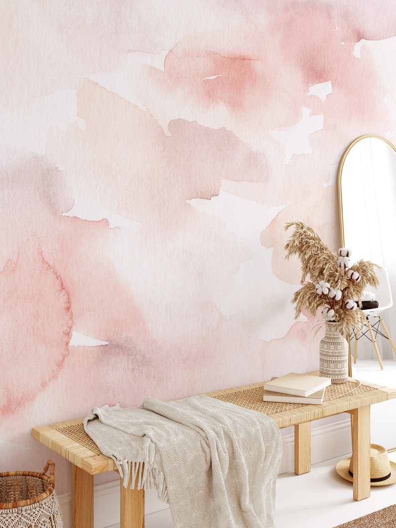Pink Watercolor Peel and Stick Wallpaper Abstract Painting Etsy