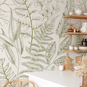 Fern Botanical Removable Mural Wallpaper -Light Greenery Self Adhesive Wall Decor - Peel and Stick Wallpaper - Temporary Decal CCM082