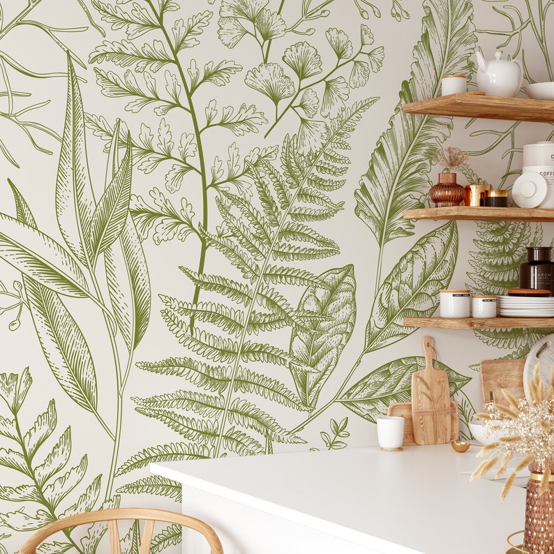 Fern Botanical Removable Mural Wallpaper Light Greenery Self Adhesive Wall Decor Peel and Stick Wallpaper Temporary Decal CCM082 image 1