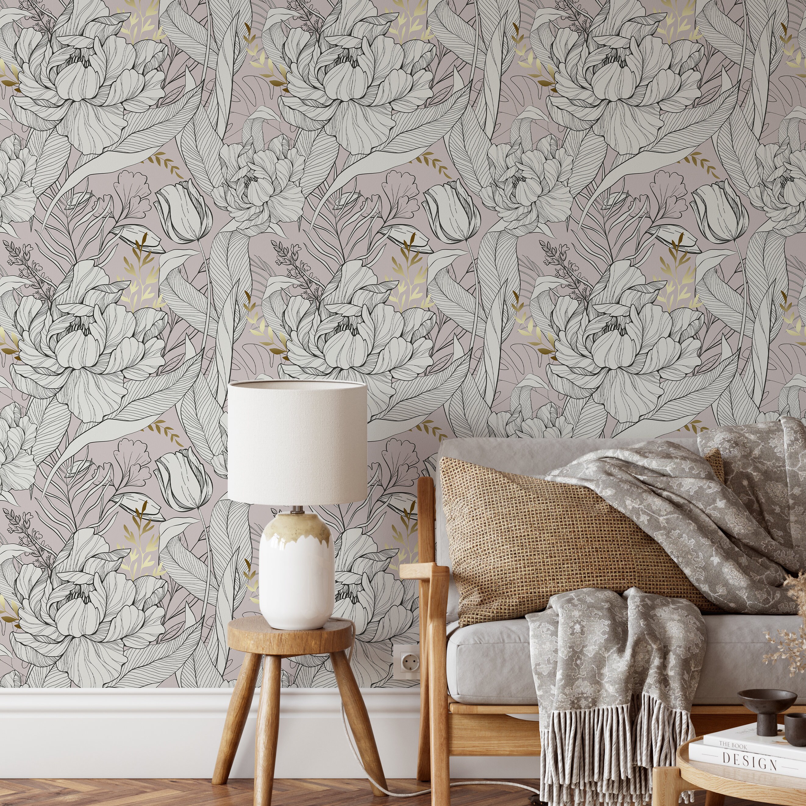 Blush Floral Line Art Wallpaper - Pink Peony Tulip Flowers Botanical ...
