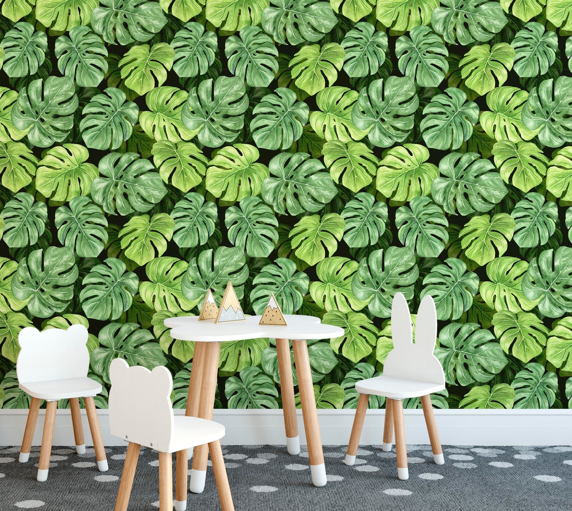 Green Monstera Leaf Removable Wallpaper Tropical Self | Etsy