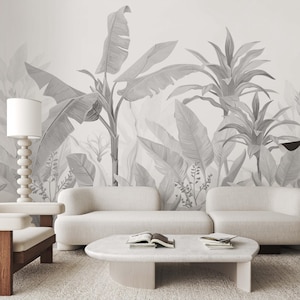 Black and White Palm Leaves Peel & Stick Wall Mural - Tropical Banana Leaf Self Adhesive Decal - Neutral Botanical Print Wallpaper CCM193