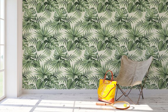 Wall Decor Dark Green Tropical Wallpaper with Palm Leaves Exotic Leaves ...