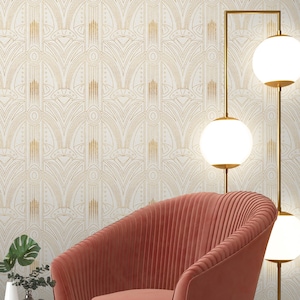 White Gold Effect Art Deco Peel and Stick Wallpaper - Removable Luxury Wall Decal - Vintage Print Self Adhesive Wall Mural CC321