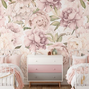 Boho Peony Removable Mural Wallpaper - Watercolor Light Pink Floral Self Adhesive Wall Decal - Large Flower Peel and Stick Wallpaper CCM108