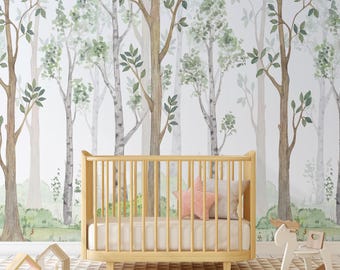 Woodland Forest Wallpaper for Nursery with Watercolor Birch Trees CCM017
