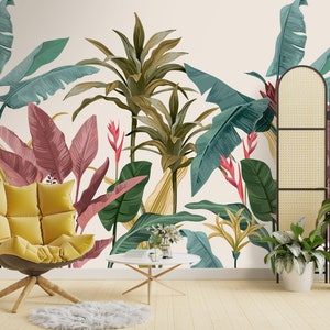 Tropical Banana Leaves Wall Mural Wallpaper - Palm Leaf Self Adhesive Wall Decal - Green Pink Floral Peel and Stick Decor Wallpaper CCM076